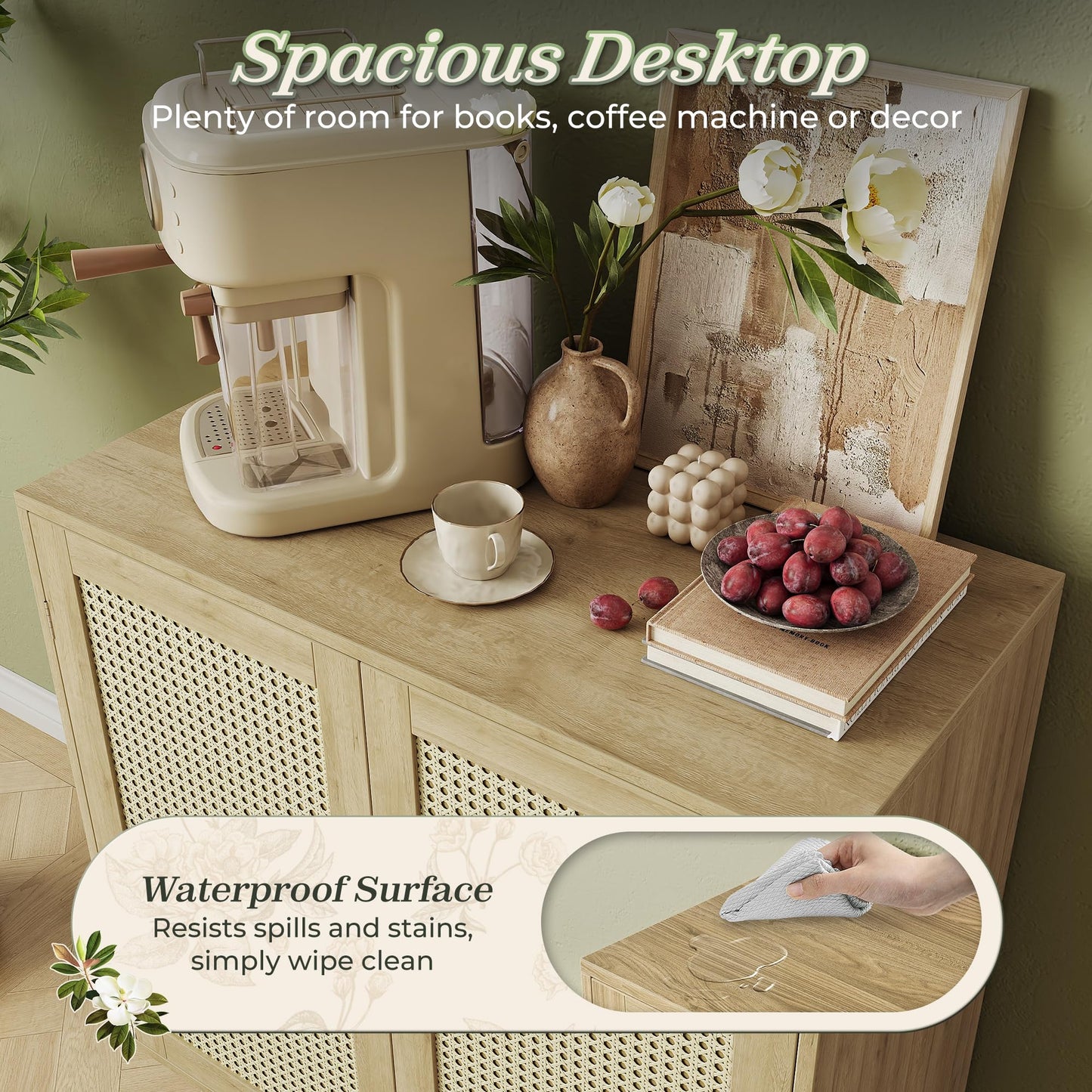 **Huuger Buffet Cabinet with Storage, PE Rattan Decor Doors, Solid Wood Feet Accent Sideboard for Hallway, Entryway, or Living Room, Natural**