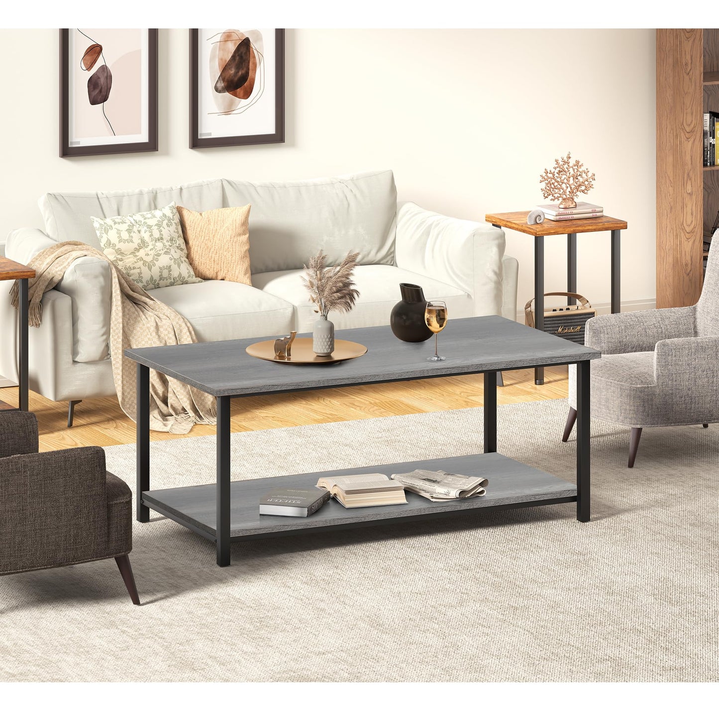 2-Tier Coffee Table with Storage Shelf, Grey Oak Wood and Metal Frame Rectangle Table for Living Room, 39.3"x20"x16"
