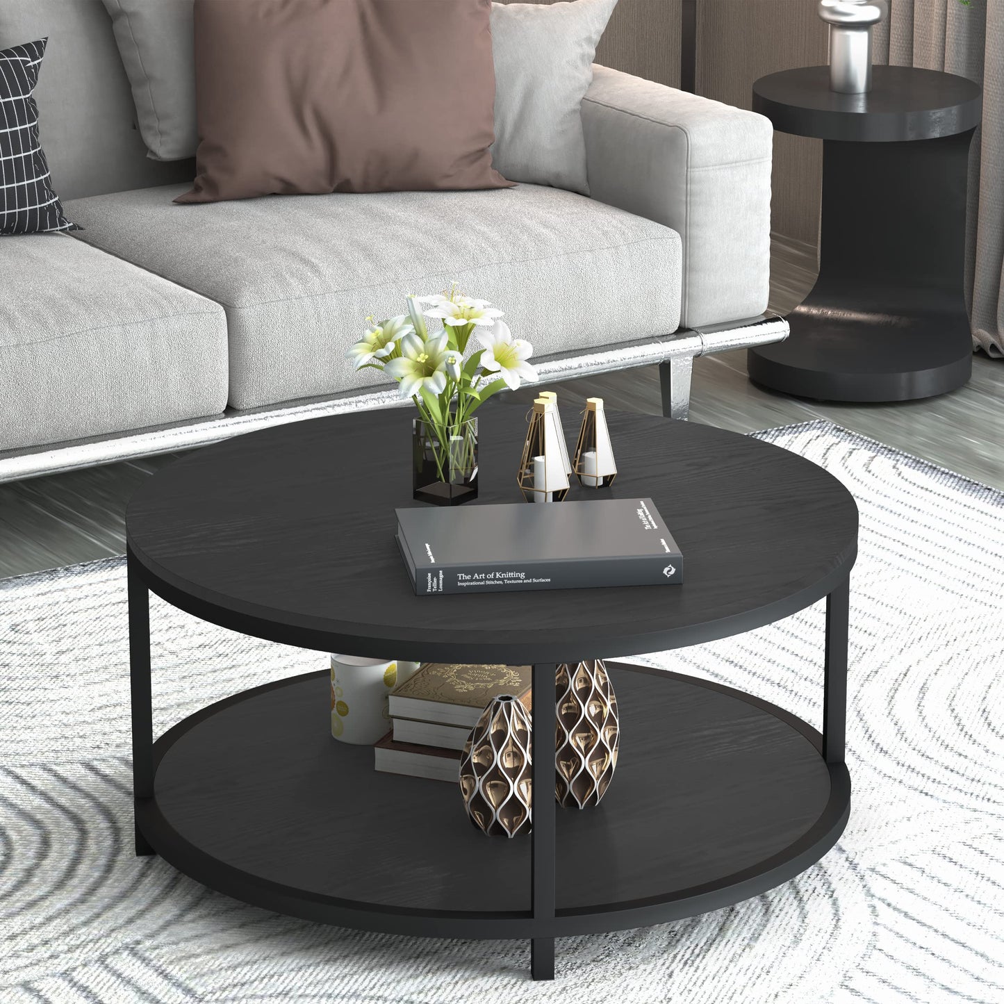 NSdirect 36" Round Coffee Table for Living Room – Rustic Black Oak Wooden Top with Sturdy Metal Legs, 2-Tier Industrial Sofa Table with Open Storage Shelf, Modern Home Furniture