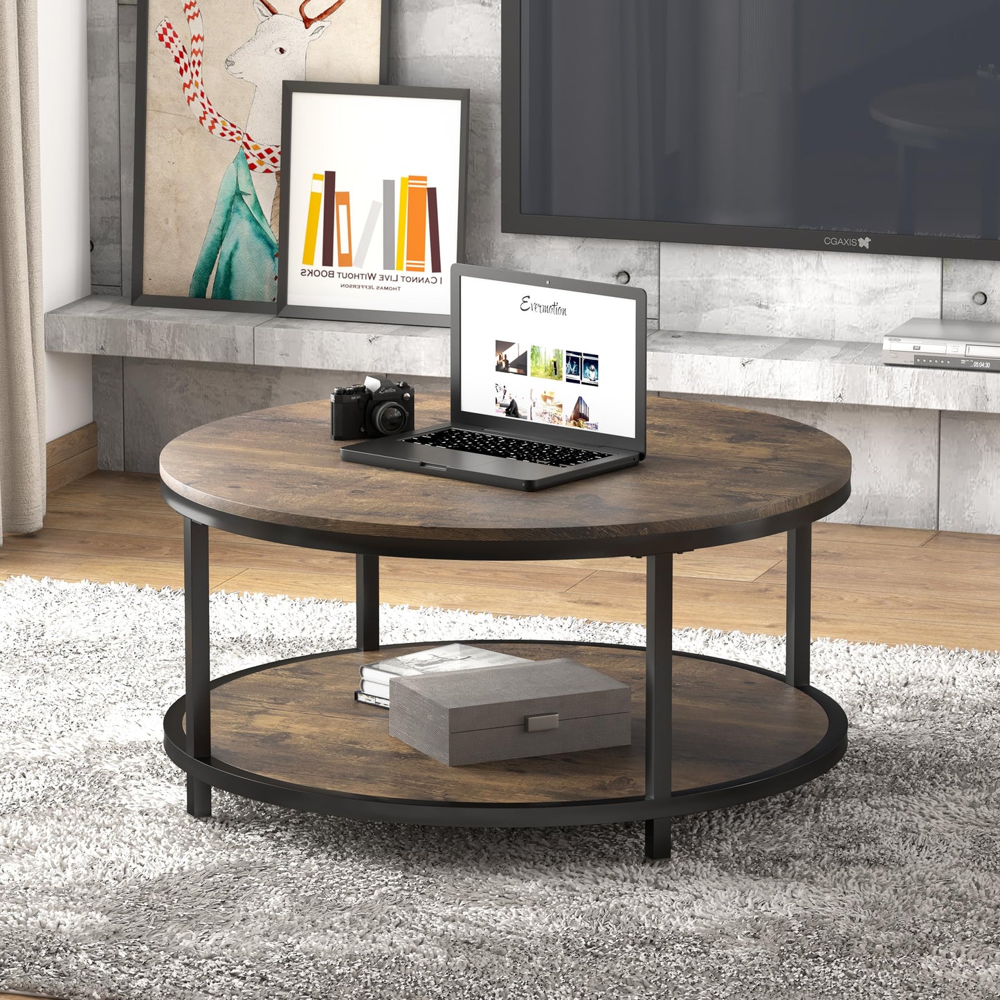 NSdirect 36" Round Coffee Table for Living Room – Rustic Brown Wooden Top with Sturdy Metal Legs, 2-Tier Industrial Sofa Table with Open Storage Shelf, Modern Home Furniture
