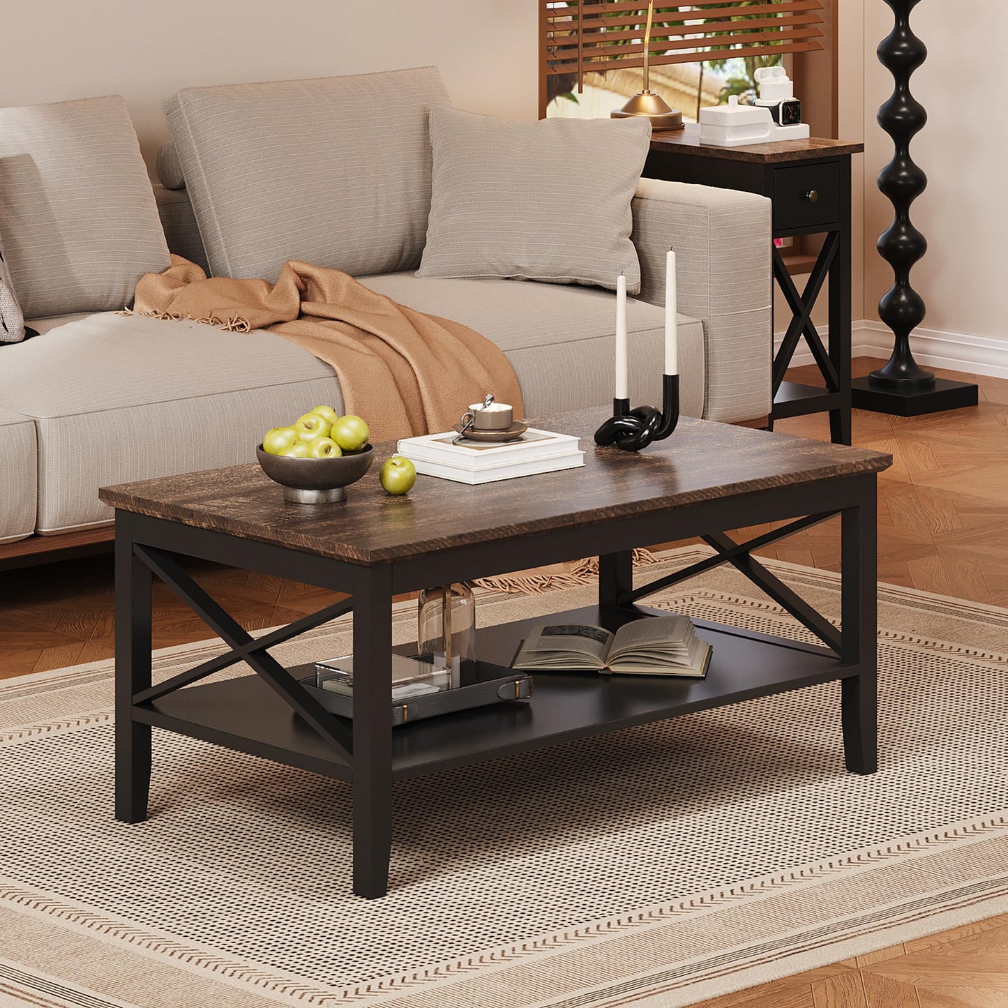 Black Wooden Coffee Table with Thick Legs and Storage for Living Room