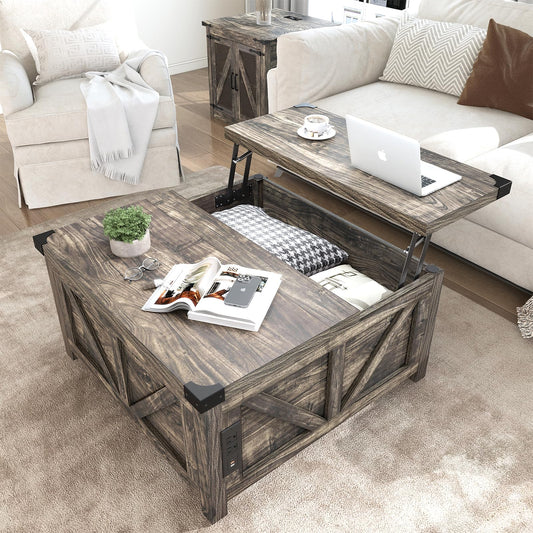 Farmhouse Lift Top Coffee Table with Storage and Charging Station – Dark Grey Wood Square Center Table with USB Ports, Hidden Compartment, and Spacious Storage for Living Room, Bedroom, or Home Office