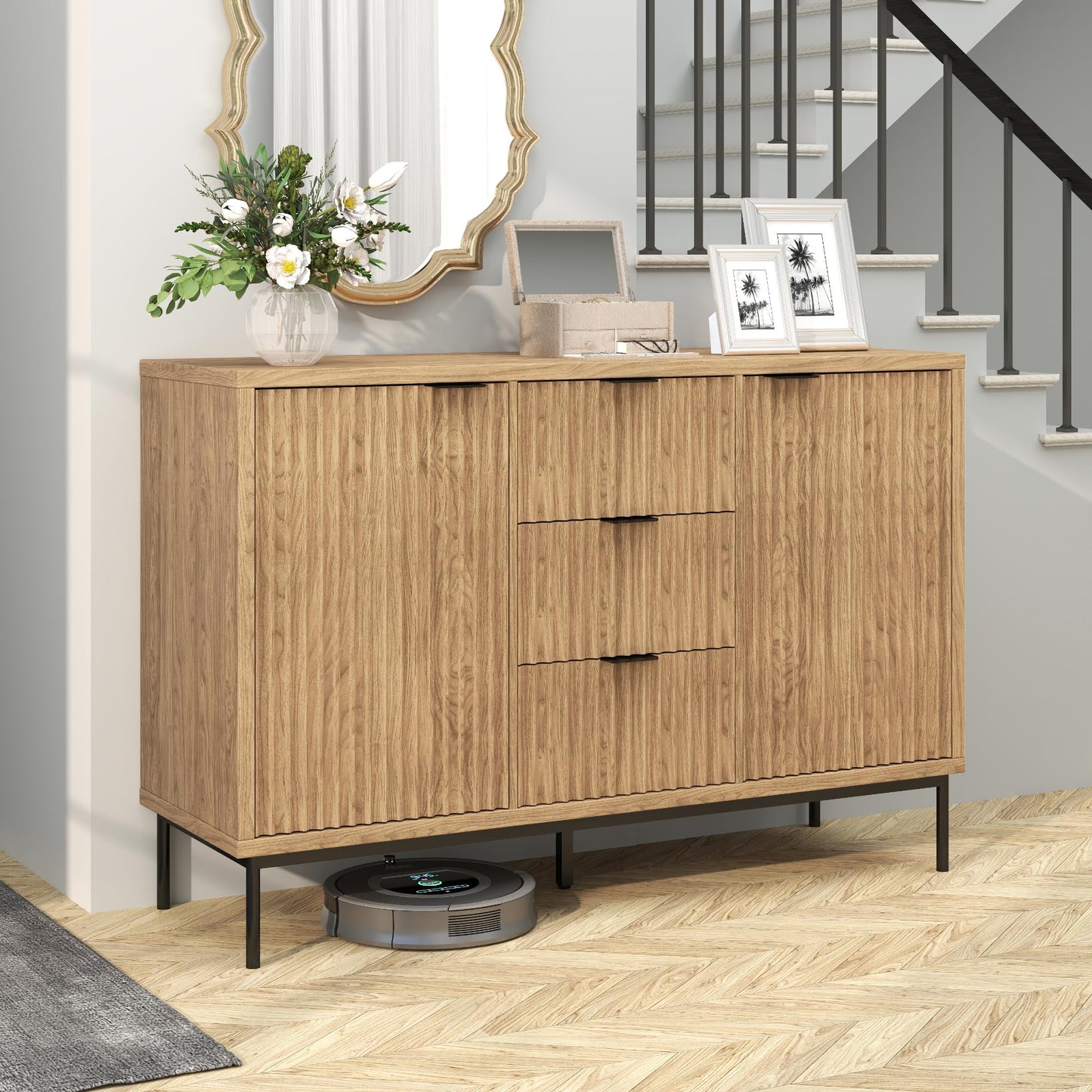 **Real Relax Sideboard Buffet Cabinet with Storage, Modern Fluted Sideboard with 2 Doors and 3 Drawers, Coffee Bar Accent Storage Credenza for Kitchen, Dining Room, and Living Room, Oak**