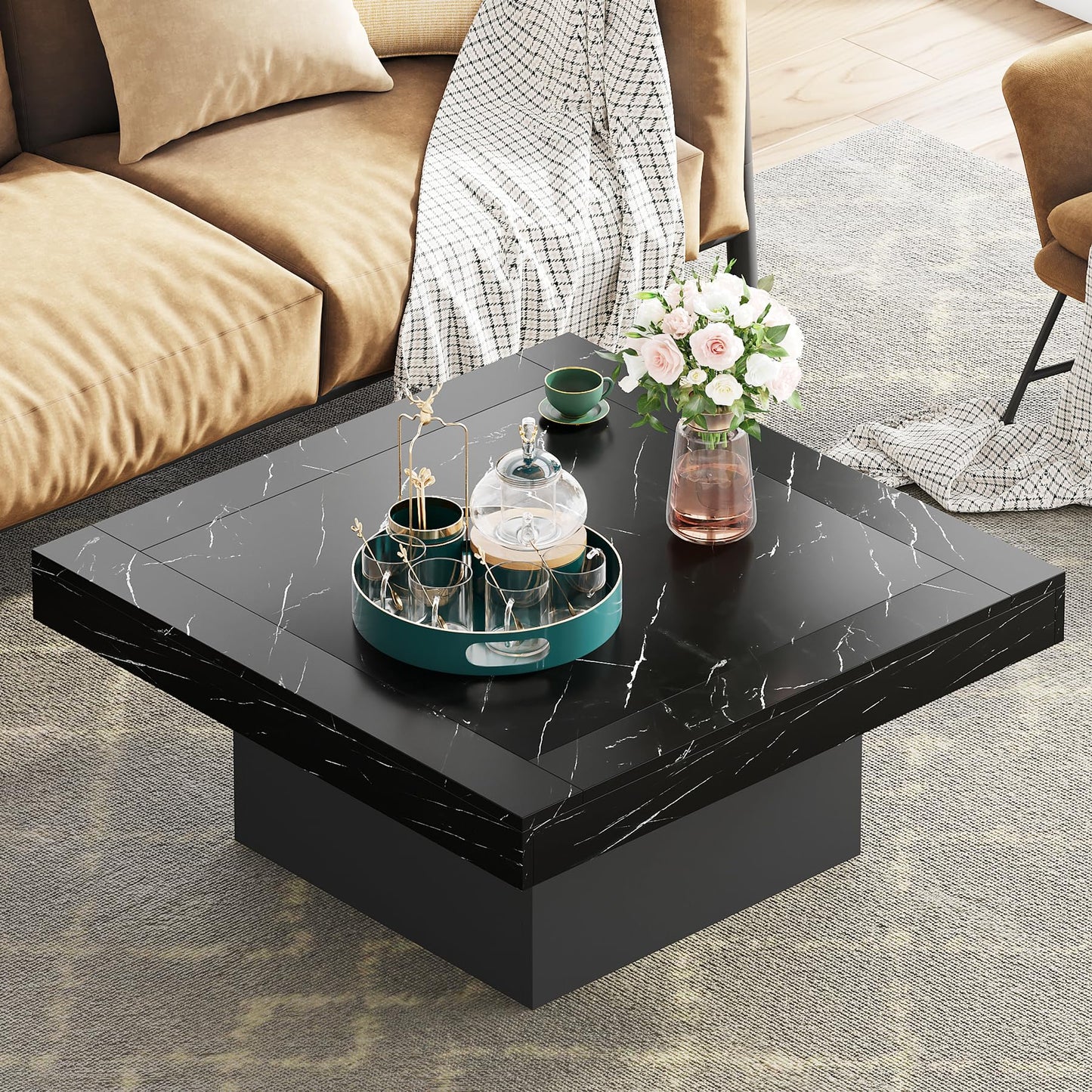 Tribesigns Square LED Coffee Table – Faux Black Marble & Black Engineered Wood Low Center Table for Living Room