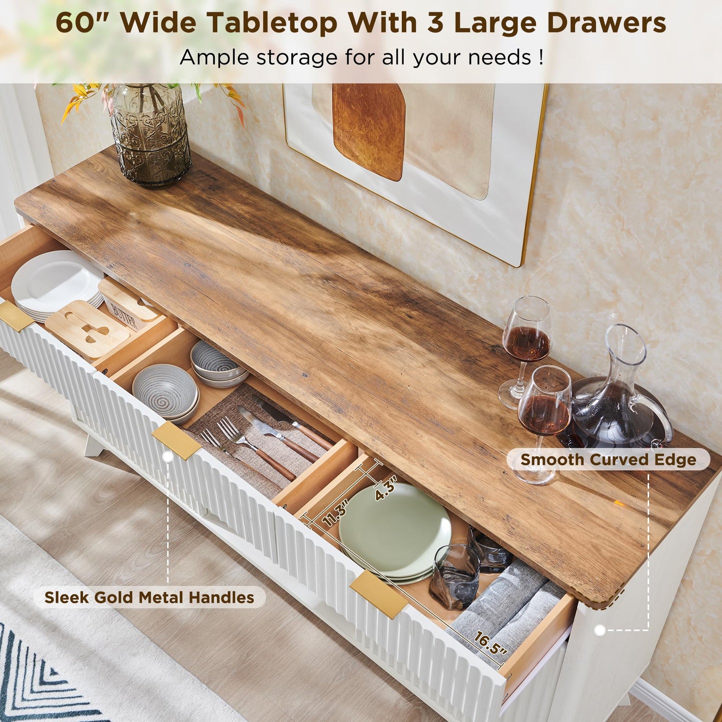 60" Fluted Buffet Cabinet with 3 Drawers and 2 Doors, Modern Wine and Coffee Bar Sideboard with Wine and Glass Racks, Adjustable Shelves for Kitchen or Dining, Antique White