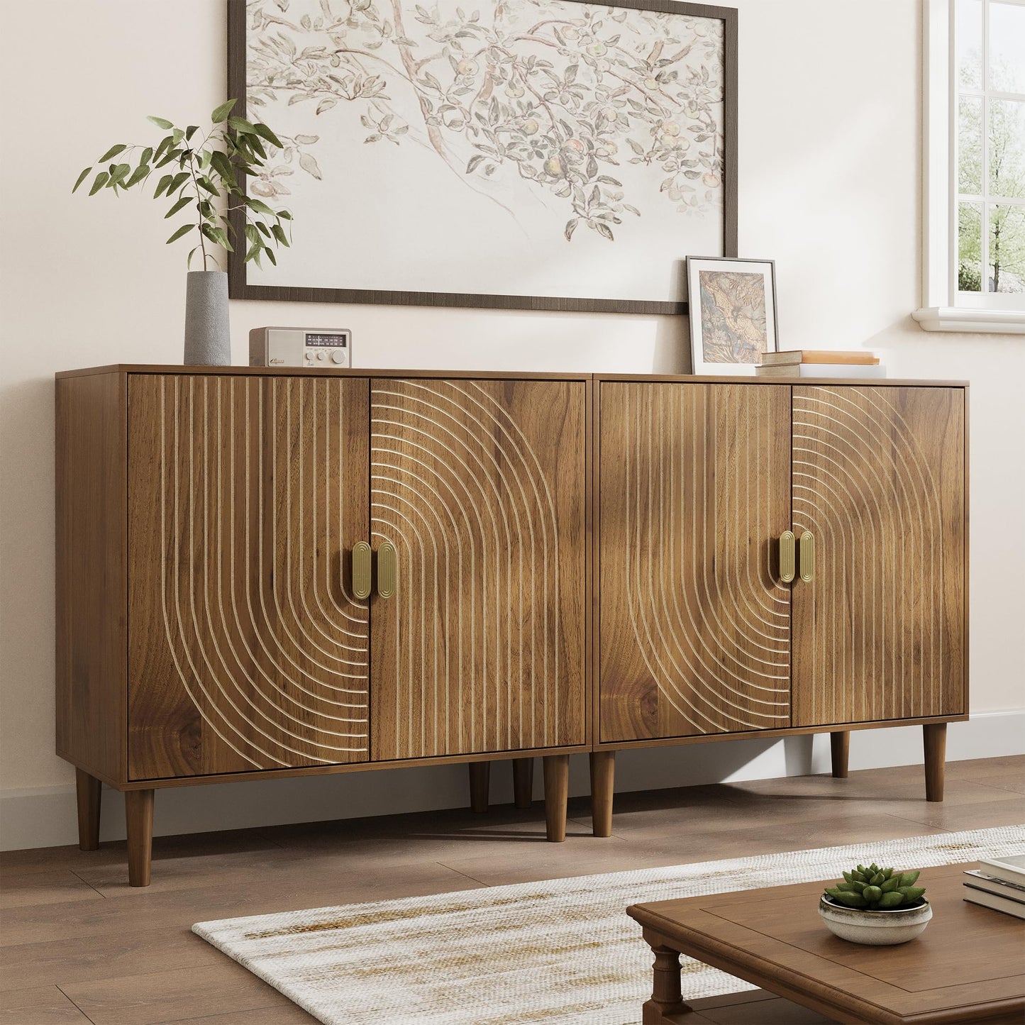 Walnut Sideboard Cabinet with Line Groove Design, Freestanding Wood Buffet Cabinet with Adjustable Shelf for Living Room, Entryway, or Hallway