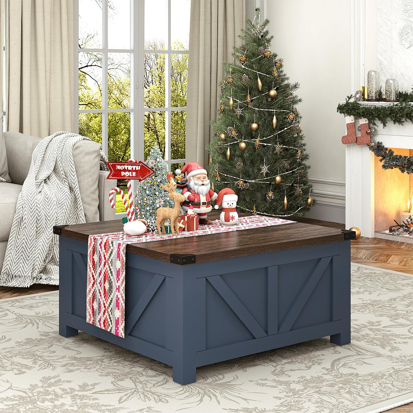 Farmhouse Lift Top Coffee Table with Storage and Charging Station – Blue Wood Square Center Table with USB Ports, Hidden Compartment, and Spacious Storage for Living Room, Bedroom, or Home Office