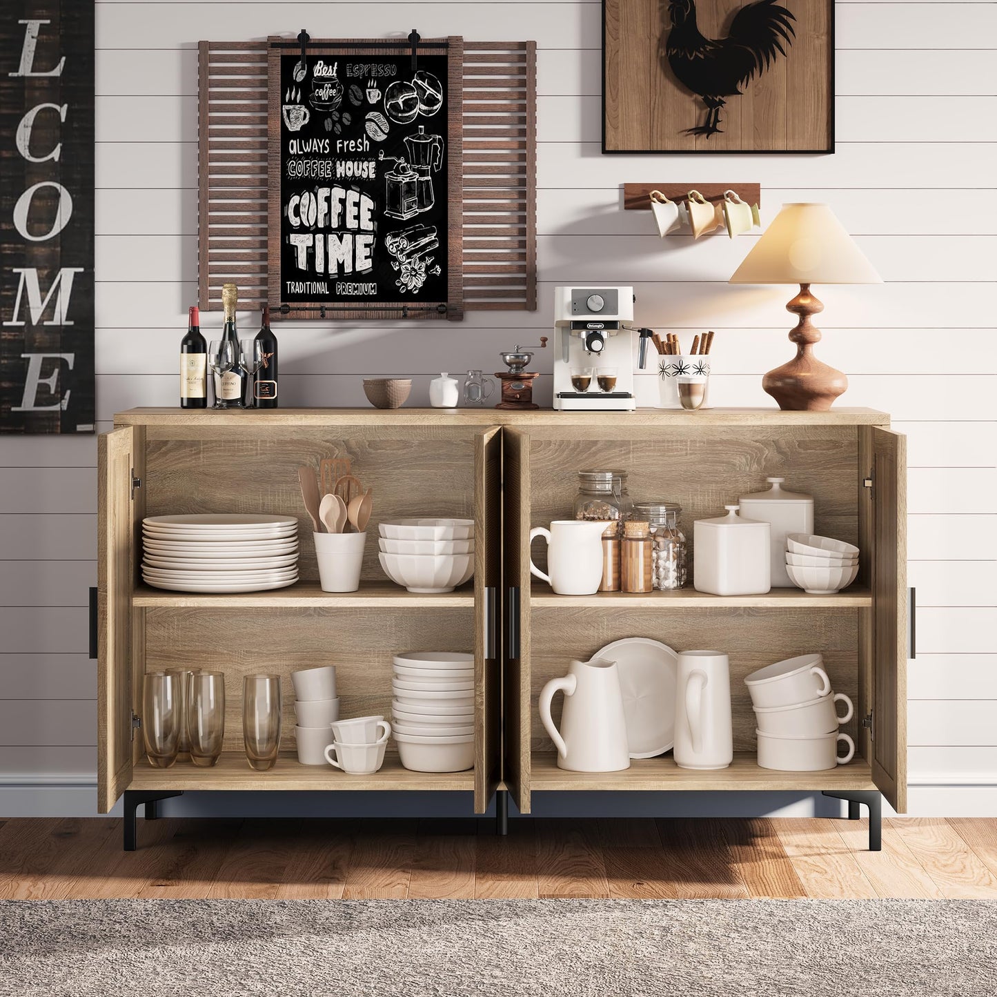 JASIWAY Sideboard - Kitchen Buffet Cabinet with Rattan Decorated Doors, Accent Cabinets with Doors, Coffee Bar Cabinets Rattan Sideboard Buffet Cabinet with Storage (Natural with 4 Doors)