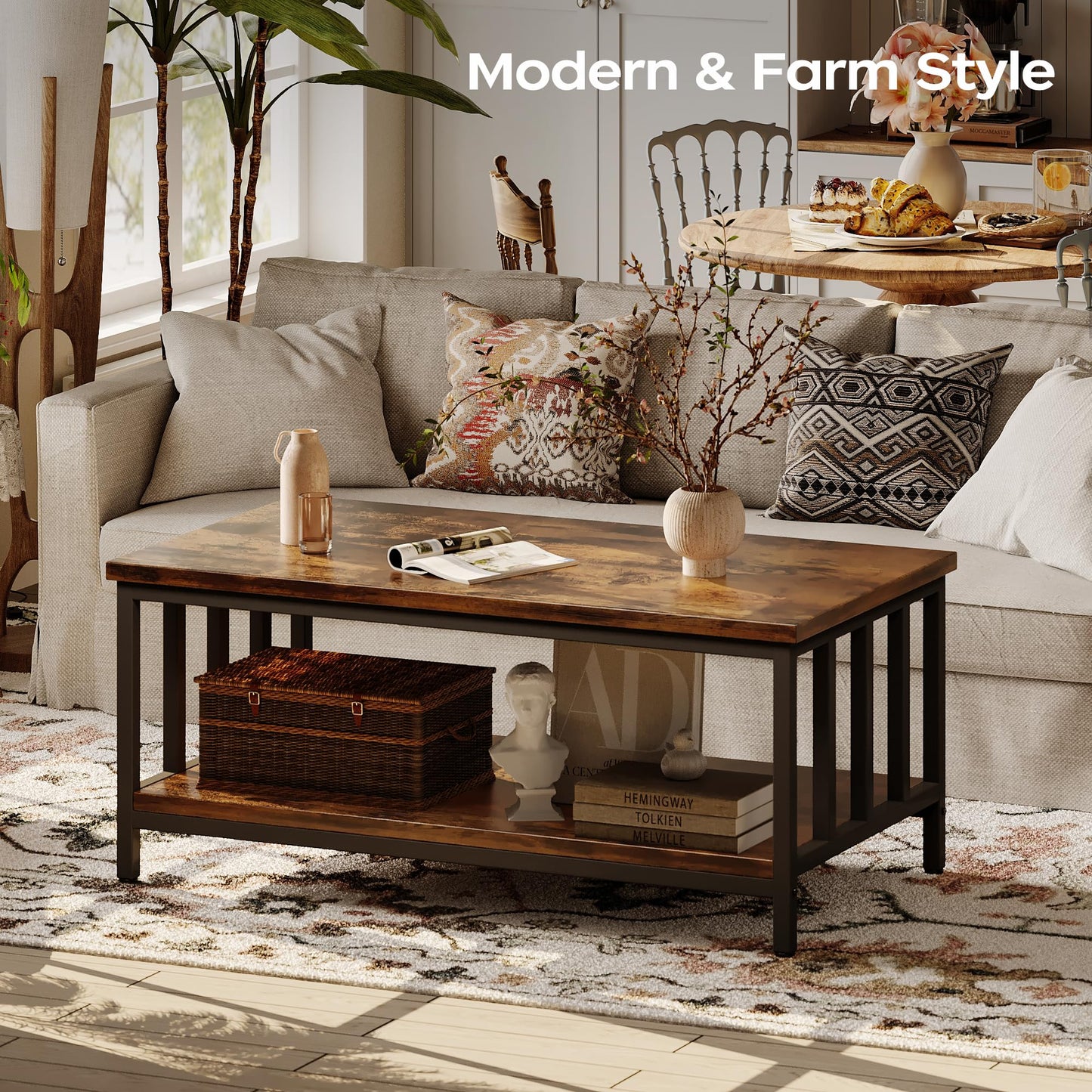 Farmhouse Coffee Table with Slatted Frame, Rustic Black and Brown Living Room Table for Home or Office, 39 Inch