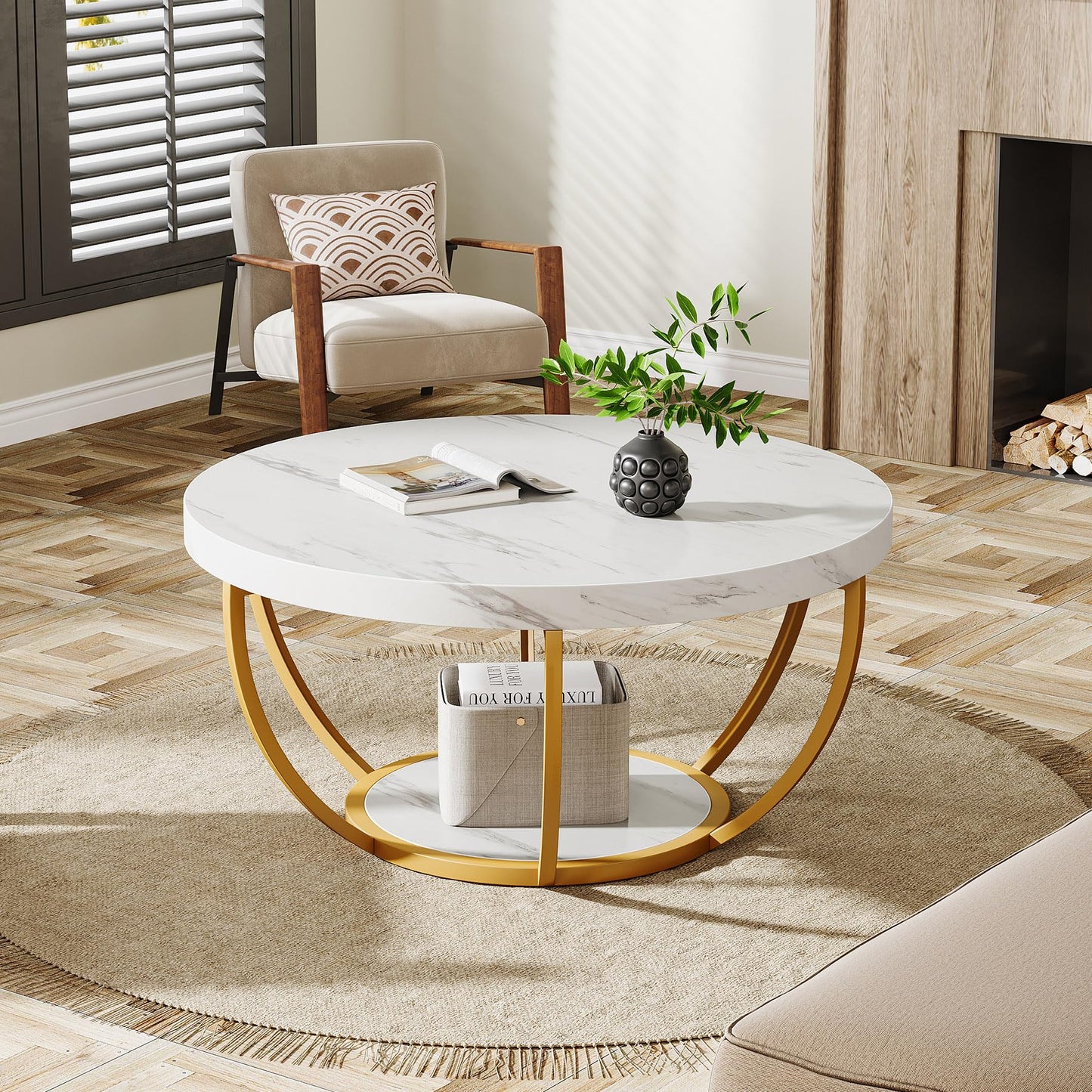 Tribesigns Modern Round Coffee Table, 2-Tier Circle Coffee Table with Faux White Marble Top and Gold Metal Legs, Elegant Accent Center Table for Living Room