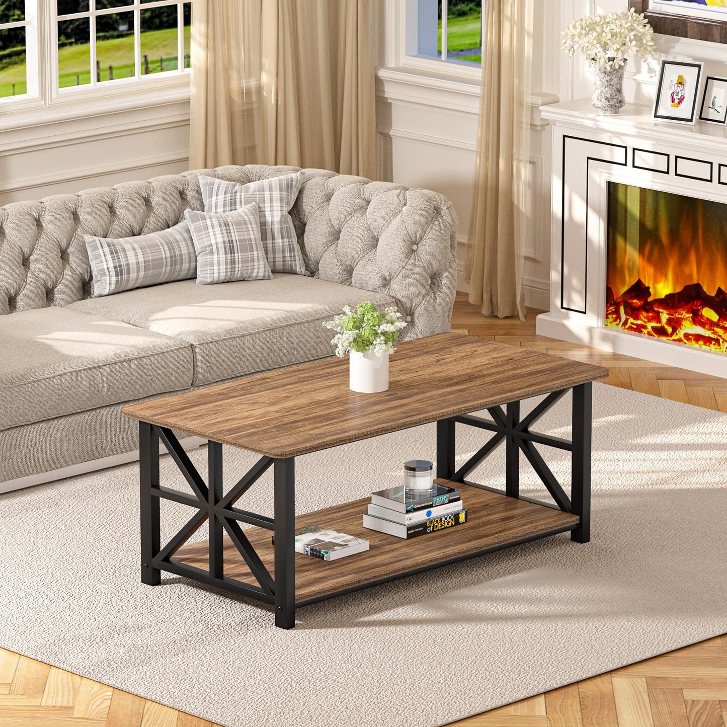 GreenForest 39" Coffee Table with Round Corners, Farmhouse Center Table with 2-Tier Storage Shelf & X-Frame Design for Living Room, Walnut