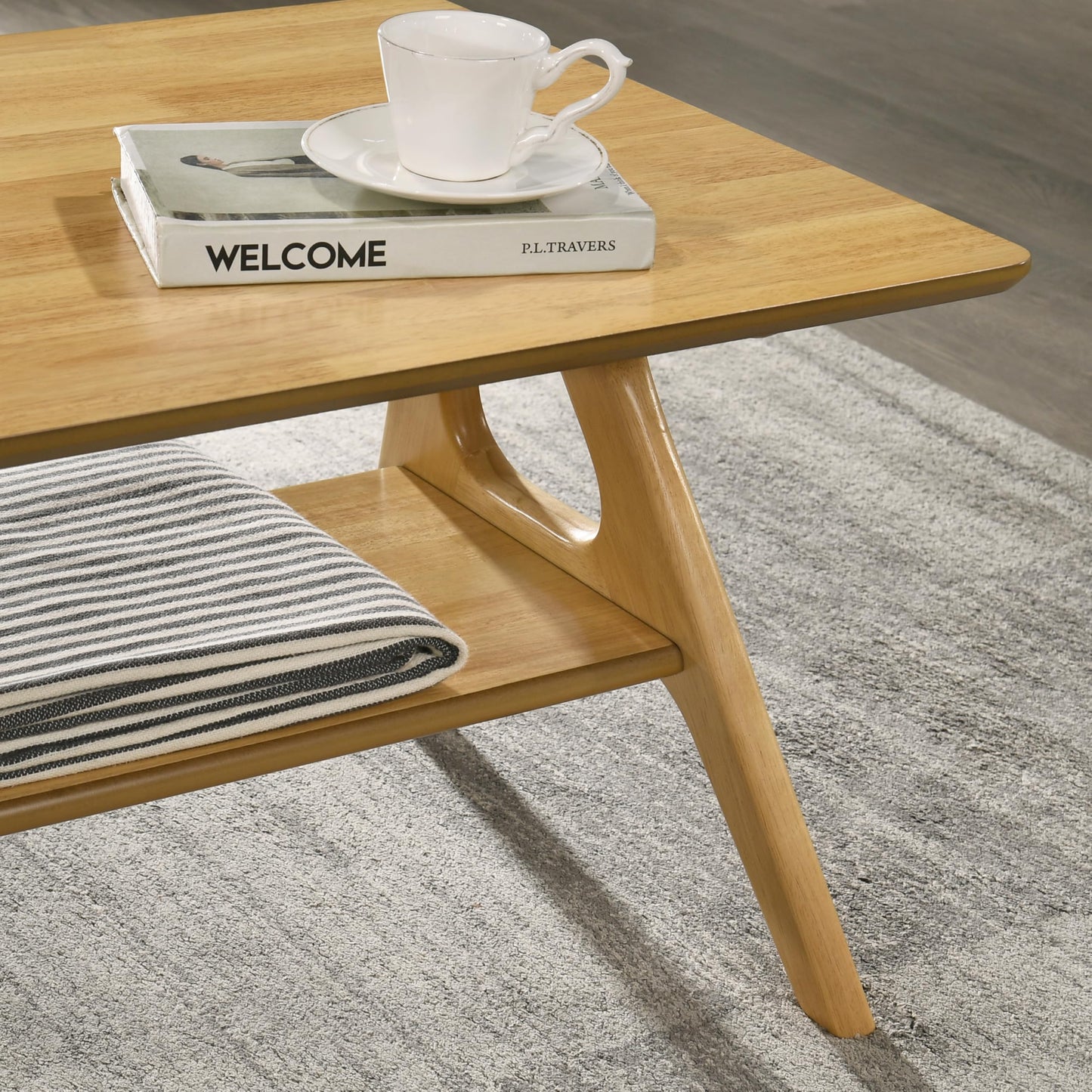 Roundhill Furniture Arona Mid-Century Modern Wood Coffee Table with Shelf – Natural Oak Finish