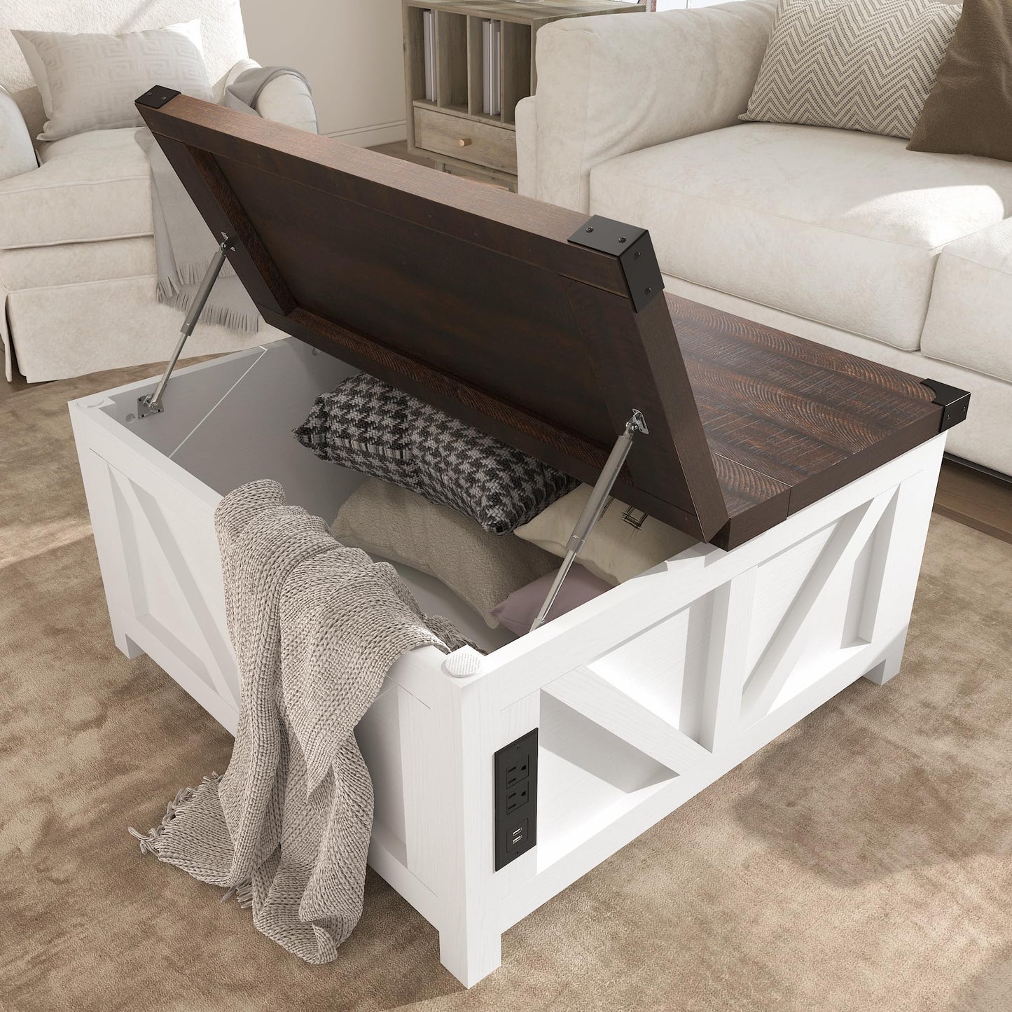 Farmhouse Lift Top Coffee Table with Storage and Charging Station – White Wood Square Center Table with USB Ports, Hidden Compartment, and Large Storage Space for Living Room, Bedroom, or Home Office