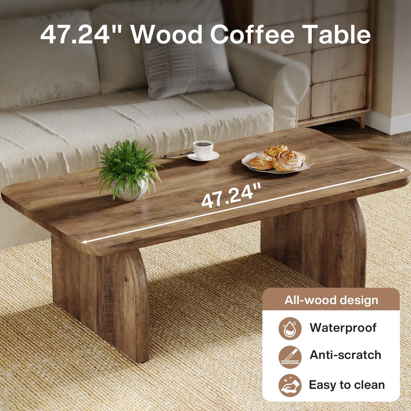 Rectangle Wood Coffee Table, 47-Inch Farmhouse Accent Center Table with Sturdy Base and Rounded Corners, Rustic Brown