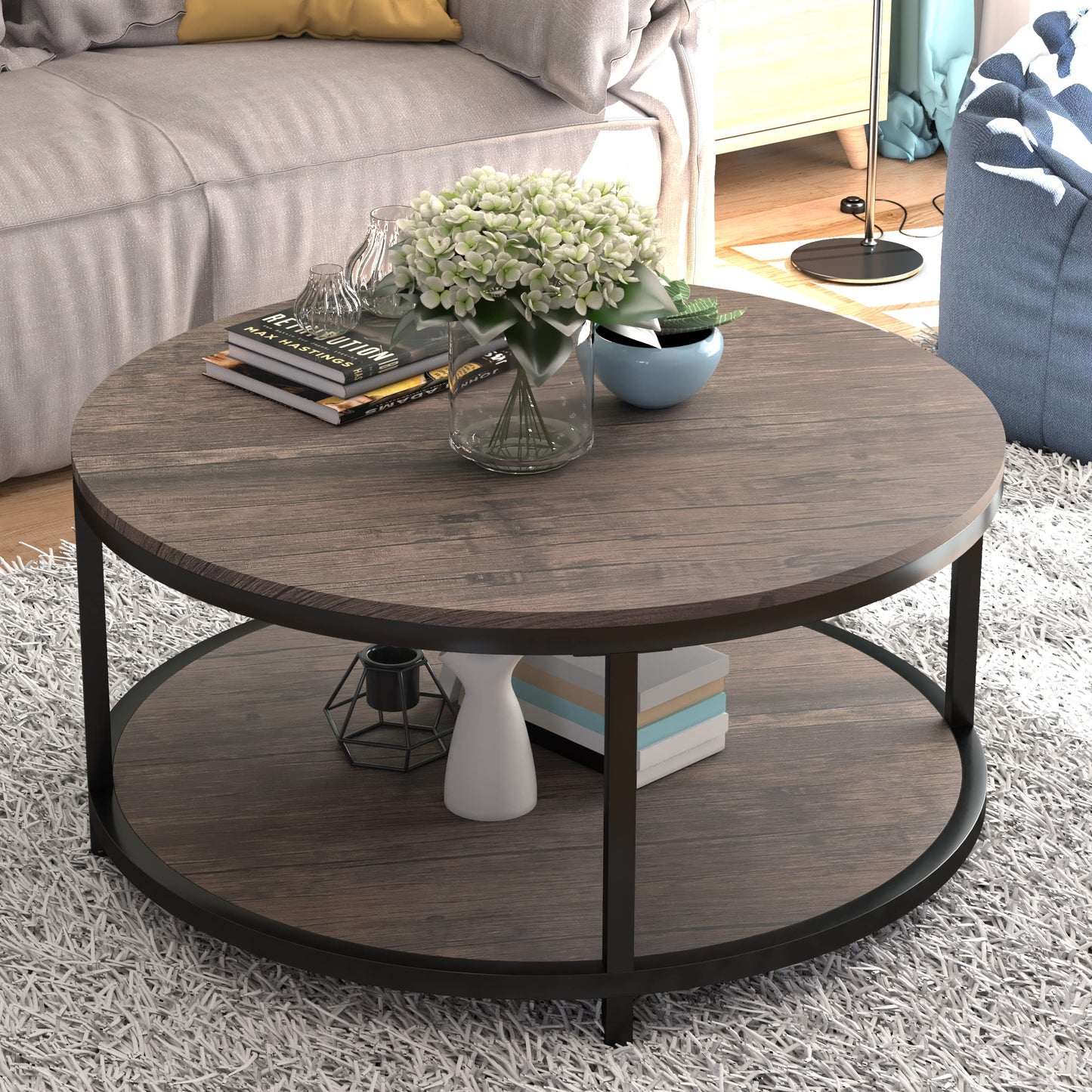 NSdirect 36" Round Coffee Table for Living Room – 2-Tier Rustic Light Walnut Wood Table with Storage Shelf, Modern Home Furniture