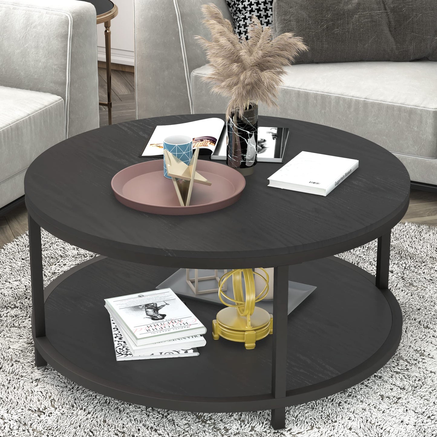 NSdirect 36" Round Coffee Table for Living Room – Rustic Black Oak Wooden Top with Sturdy Metal Legs, 2-Tier Industrial Sofa Table with Open Storage Shelf, Modern Home Furniture