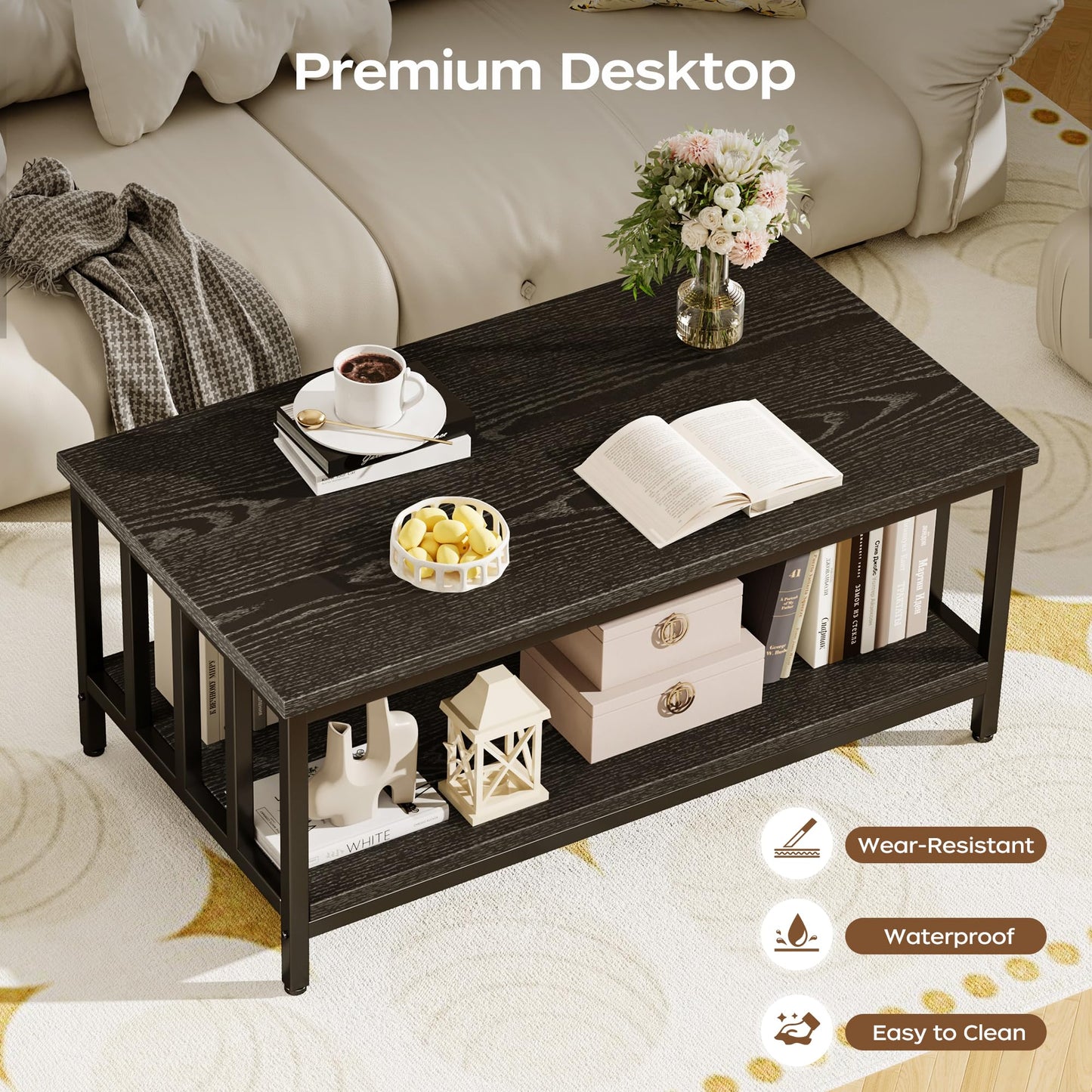 Modern Farmhouse Coffee Table with Slatted Frame, 2-Tier Storage Shelf for Living Room or Office, 39 Inch Black