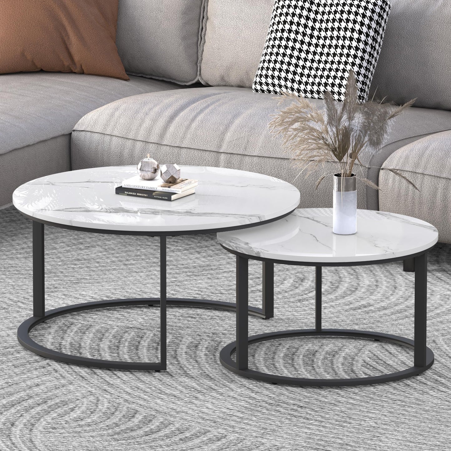 WiberWi Round Nesting Coffee Tables Set of 2 – Large Ø33.5", Small Ø25.7", Modern Metal Frame Circle Tables with High Gloss Faux White Marble Top for Living Room