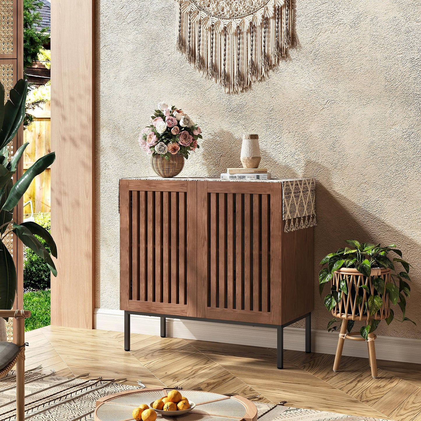 **32" Storage Cabinet, Modern Coffee Bar with Adjustable Shelf and Metal Base, Wood Multifunctional Console Table for Kitchen, Living Room, and Entryway, Brown**