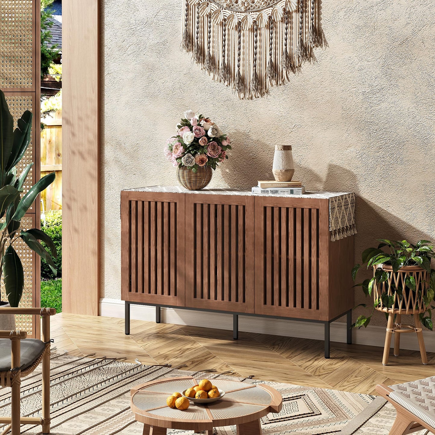 **47" Buffet Cabinet, Modern Credenza Storage Cabinet with Adjustable Shelves and Metal Base, Wood Multifunctional Console Table for Kitchen, Living Room, and Entryway, Brown**